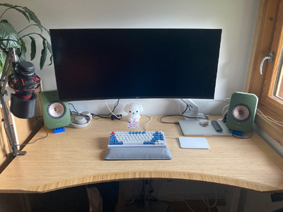Bamboo workdesk with widescreen monitor, mechanical keyboard, and 2 speakers.